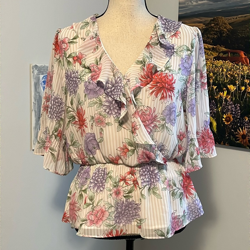 Calvin Klein Floral Ruffled Peplum Blouse in Cream with Red & Purple Flowers